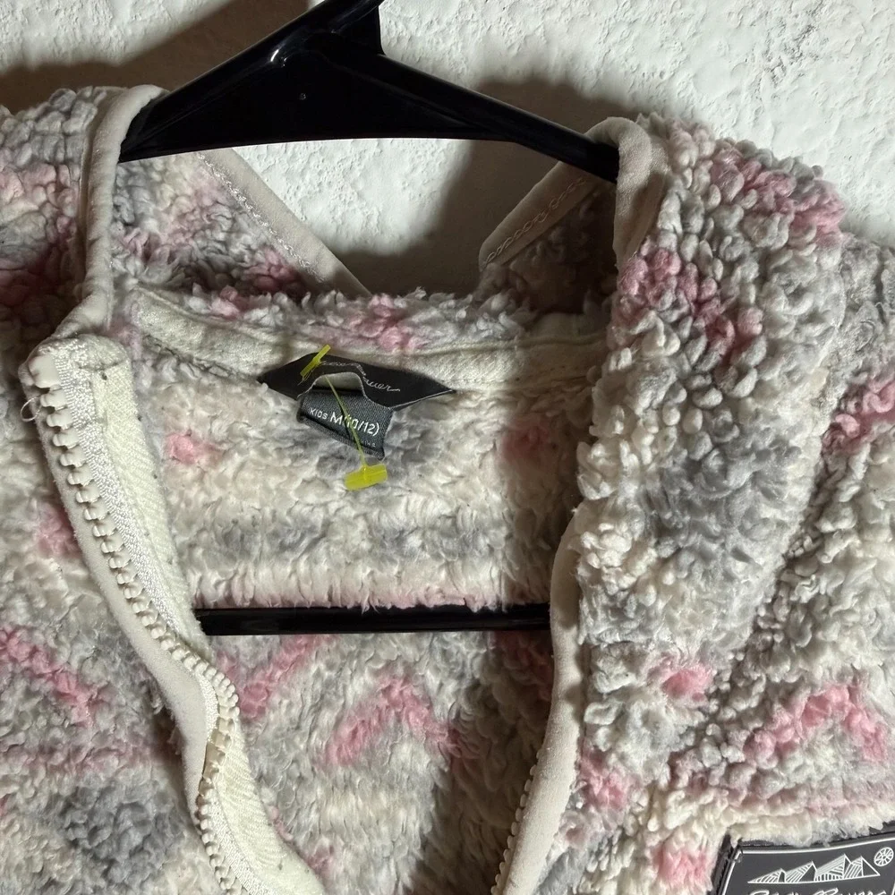 Eddie‎ Bauer Jacket Girls M(10-12) Gray Aztec Sherpa Fleece Hooded Logo Full Zip